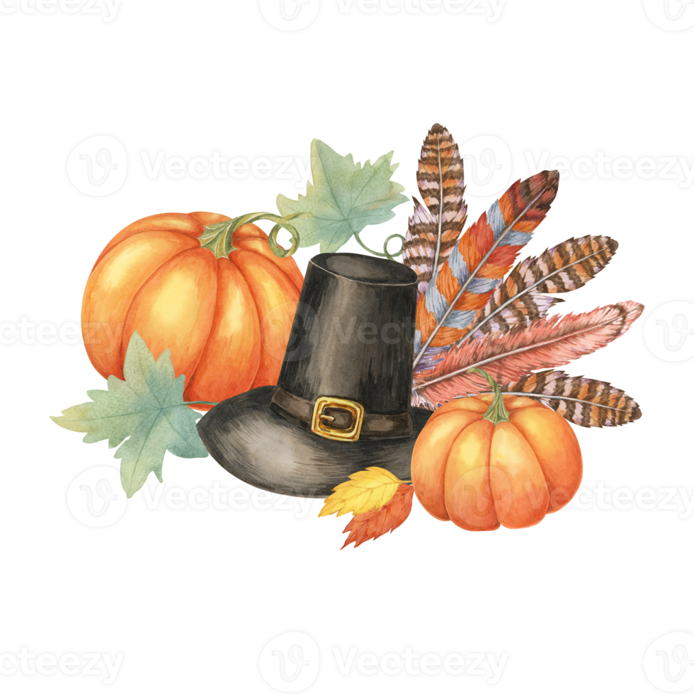 Traditional Pilgrim hat with feathers, paired with a large orange pumpkin and smaller pumpkins. Isolated watercolor clipart for Thanksgiving-themed projects, invitations, and seasonal decorations png