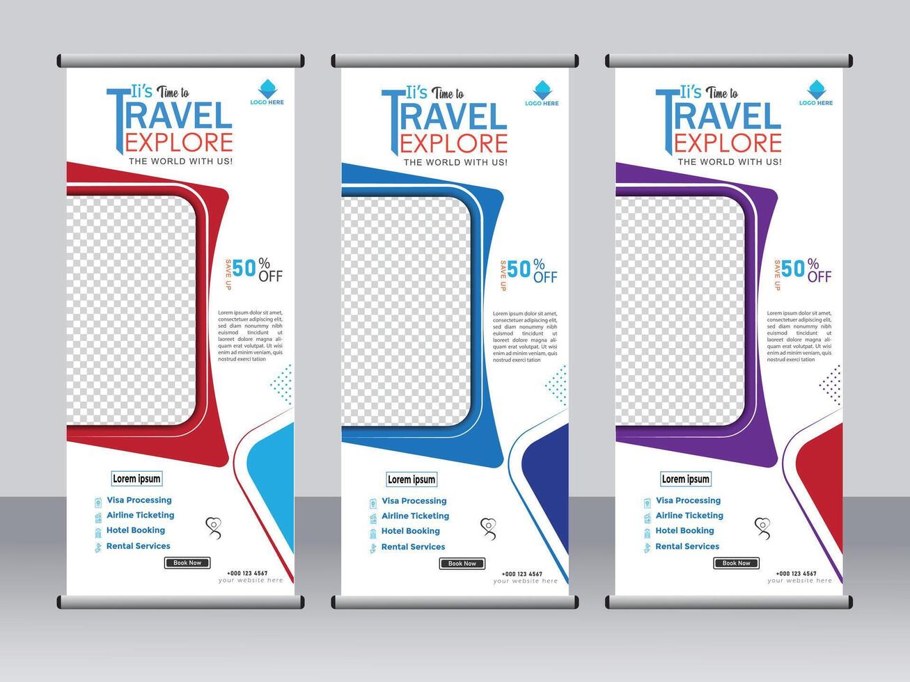 Modern abstract roll up with three different color set vector