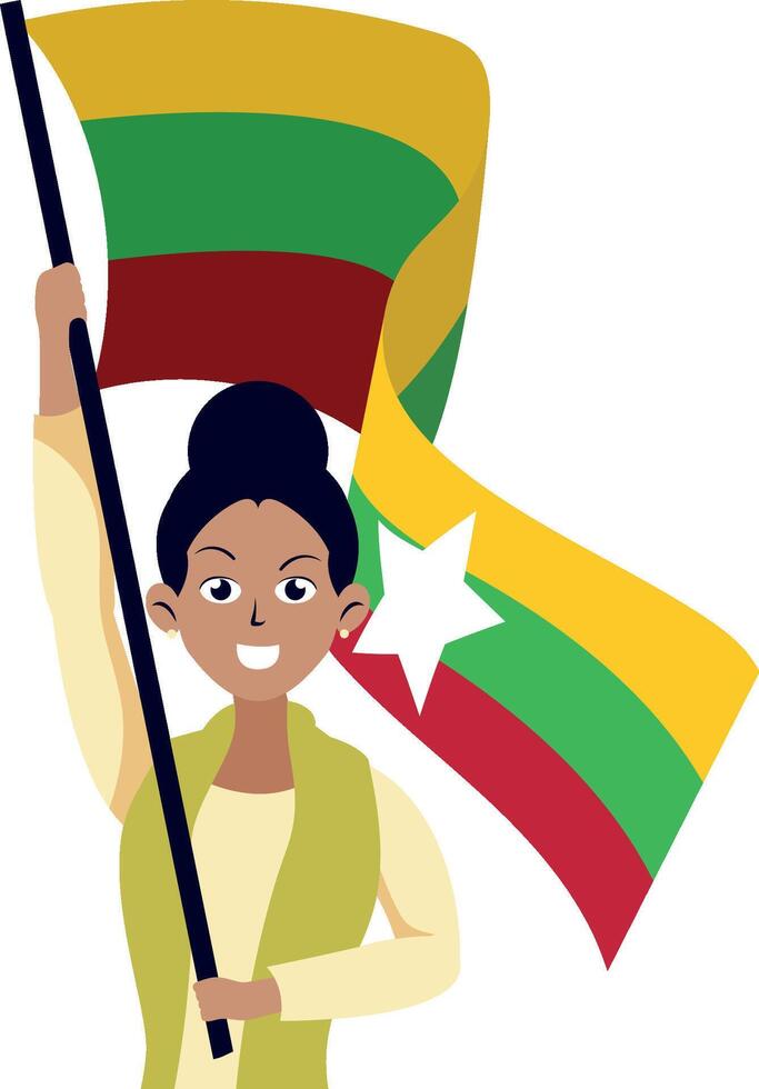 myanmar independence day illustration with woman and flag vector