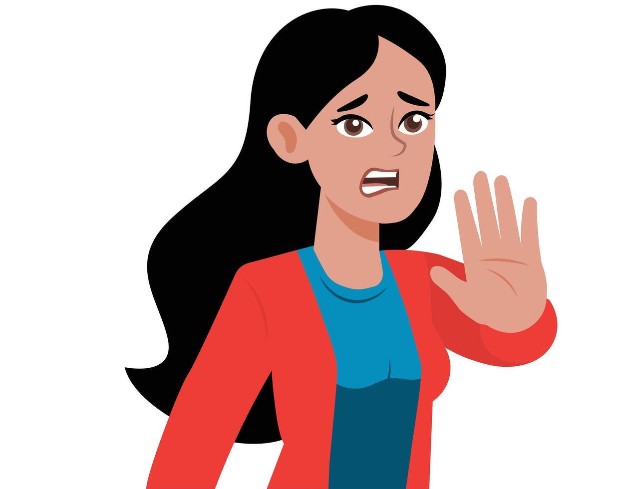 young woman saying no stop with hand. Flat illustration white. vector