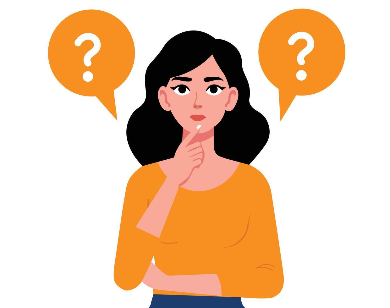 woman confident, make choice, decision thinking, analyzing two options with white background vector