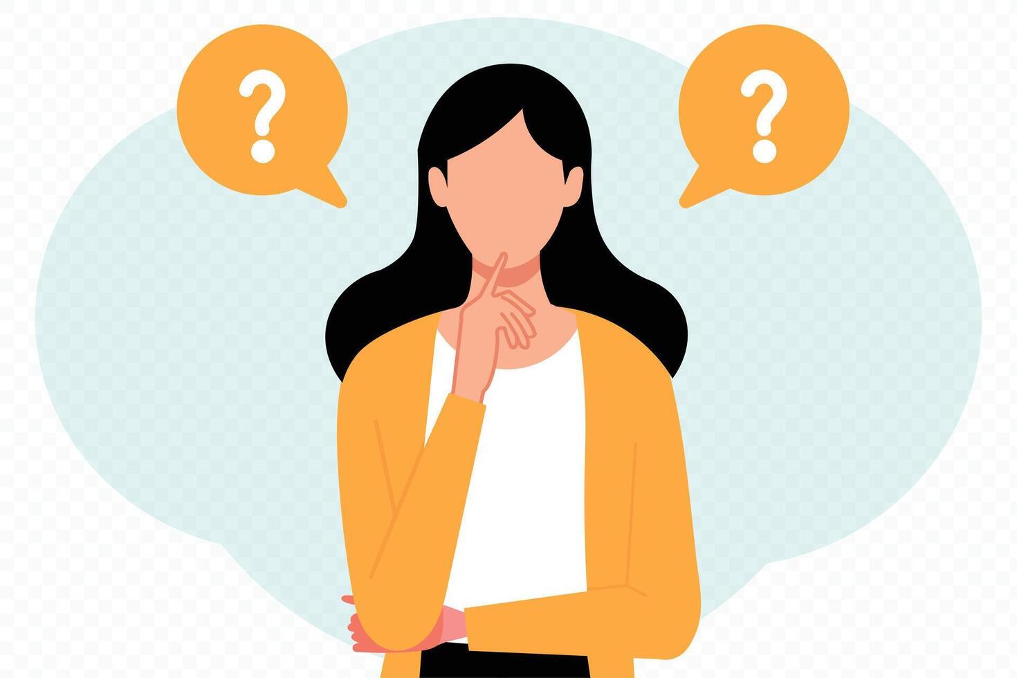 flat woman confident, make choice, decision concept, questioned employee thinking, analyzing two options vector