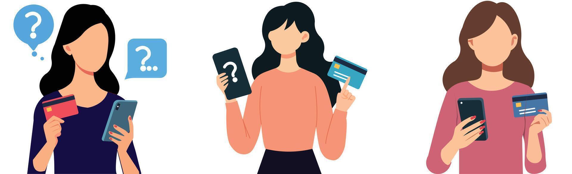 Woman holding phone and credit card with question mark and think. Flat illustration vector