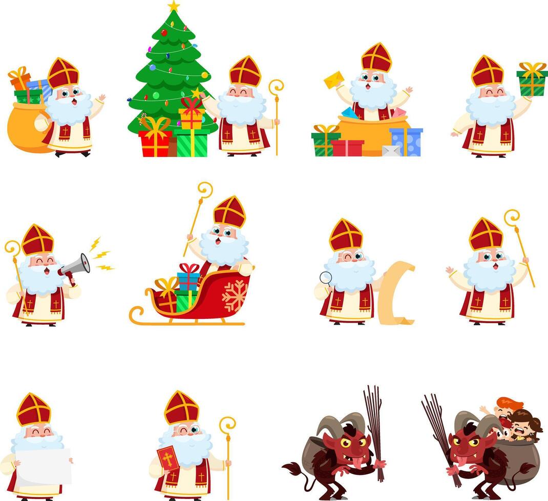 Cute Saint Nicholas And Krampus Cartoon Characters. Flat Design Collection Set vector