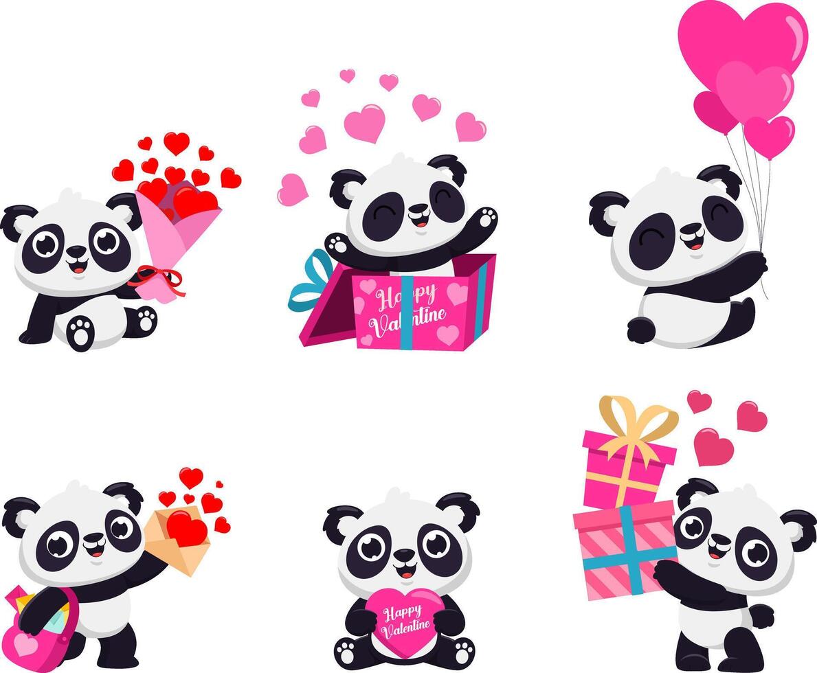 Cute Valentine Panda Bear Cartoon Character. Flat Design Collection Set vector