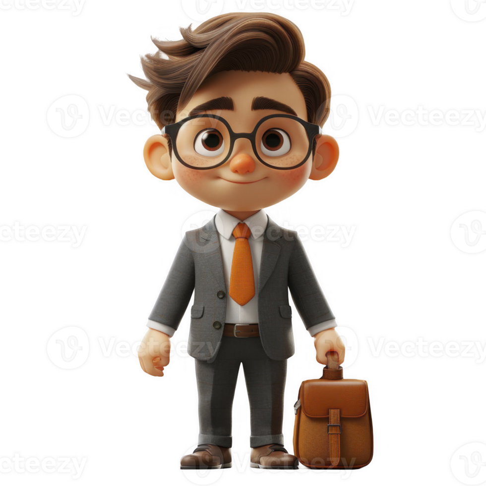 3D young man in business attire, with briefcase on transparent background png