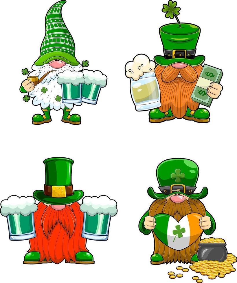 St. Patrick's Day Gnomes Cartoon Characters In Different Poses. Hand Drawn Collection Set vector