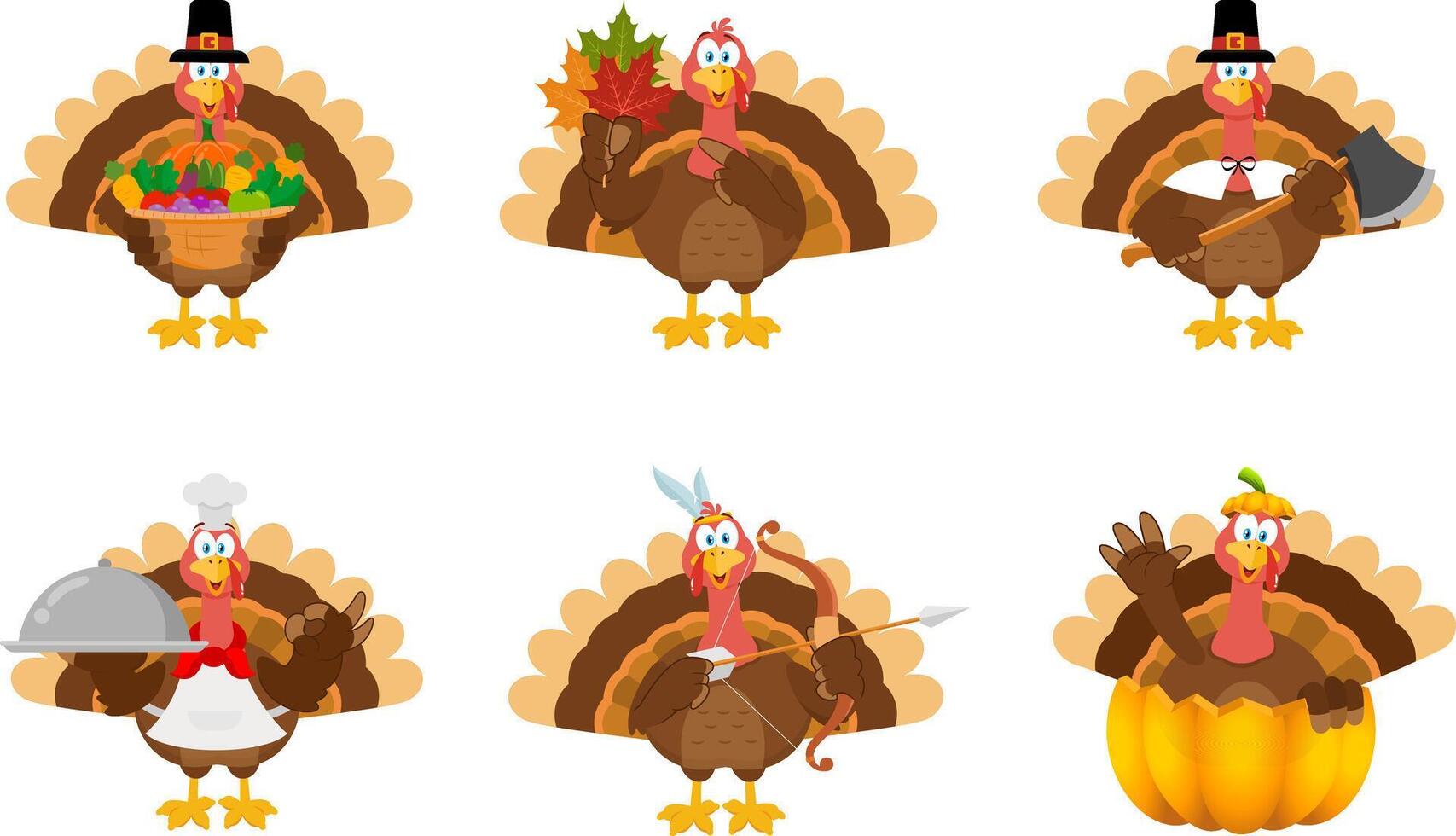 Happy Thanksgiving Turkey Bird Cartoon Character. Flat Design Collection Set vector