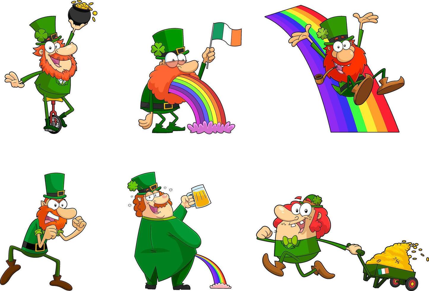Lucky Leprechauns Cartoon Characters. Hand Drawn Collection Set vector