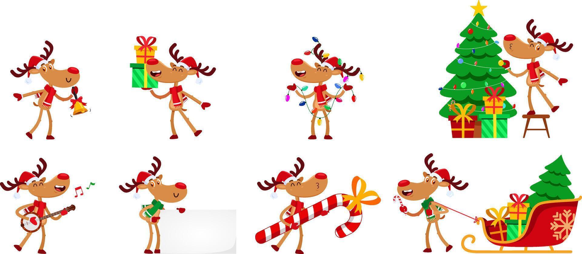 Funny Reindeer Cartoon Character In Different Poses. Flat Design Collection Set vector