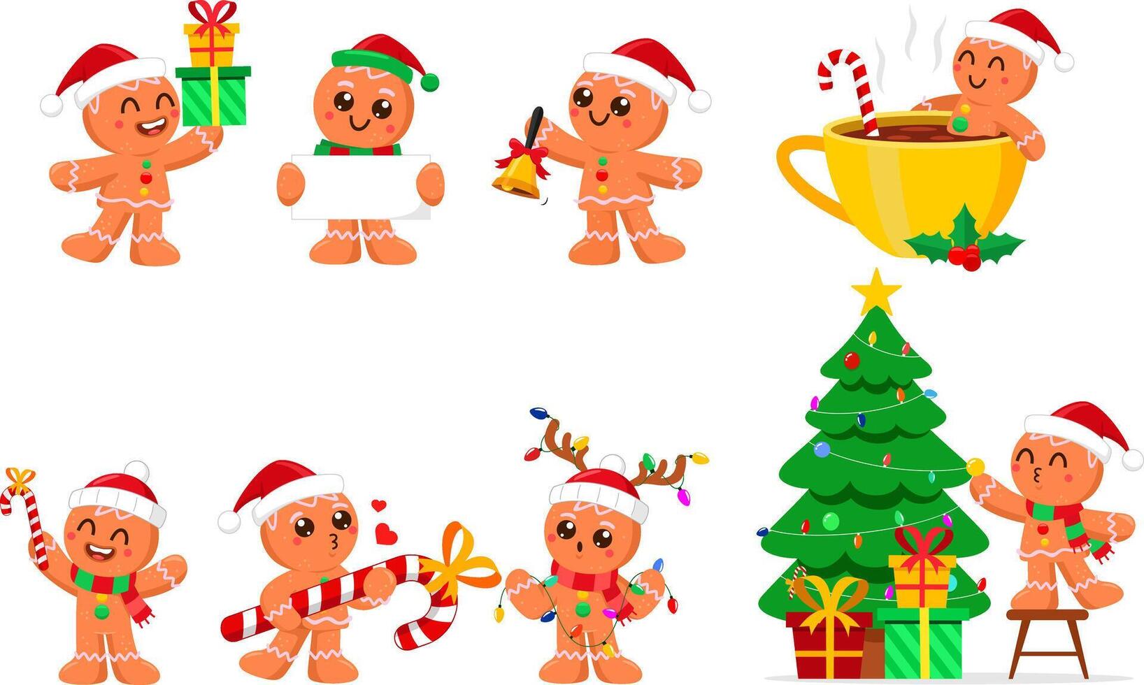 Christmas Gingerbread Man Cartoon Character In Different Poses. Flat Design Collection vector