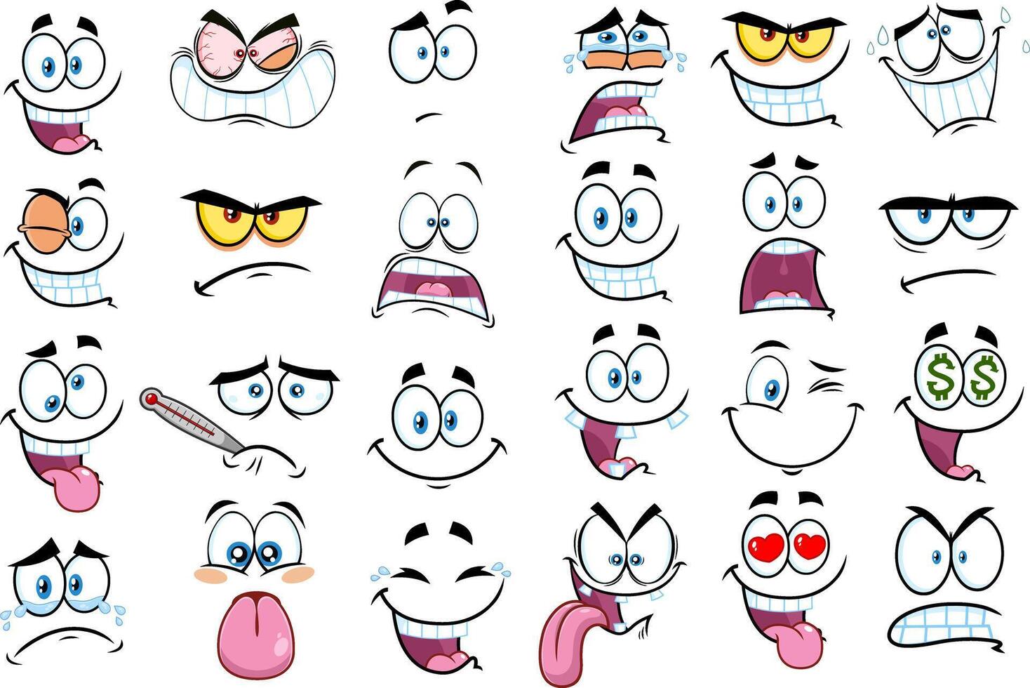 Cartoon Funny Faces Old Animation Style. Hand Drawn Collection Set vector