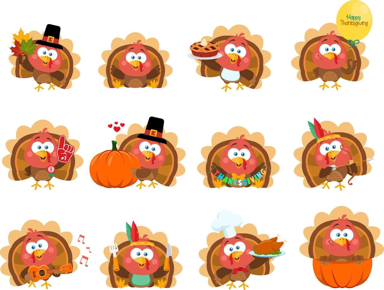 Thanksgiving Cute Baby Turkey Bird Cartoon Character. Collection Set vector