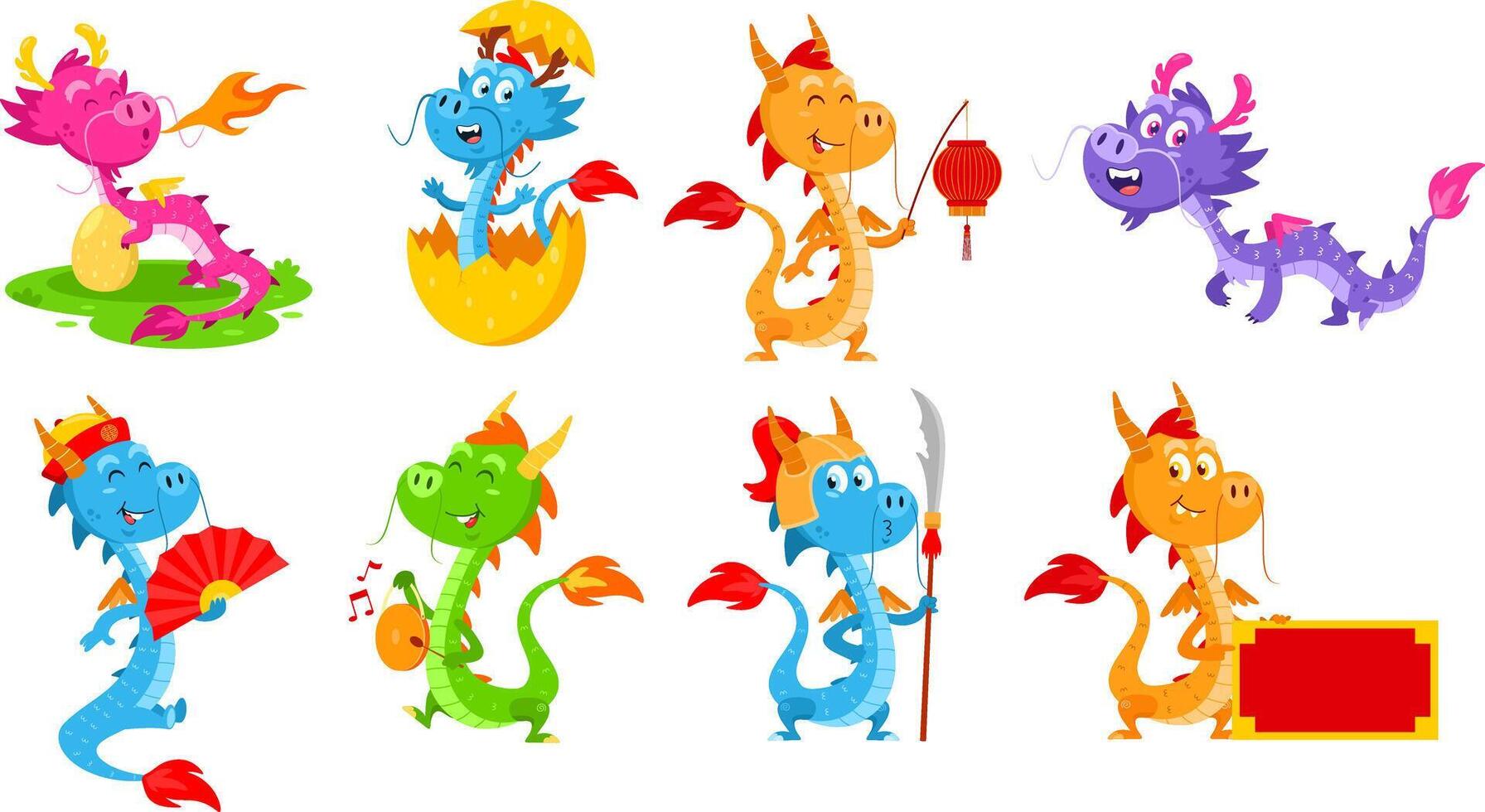 Cute Chinese Dragon Cartoon Characters. Year Of The Dragon Zodiac. Flat Design Collection Set vector