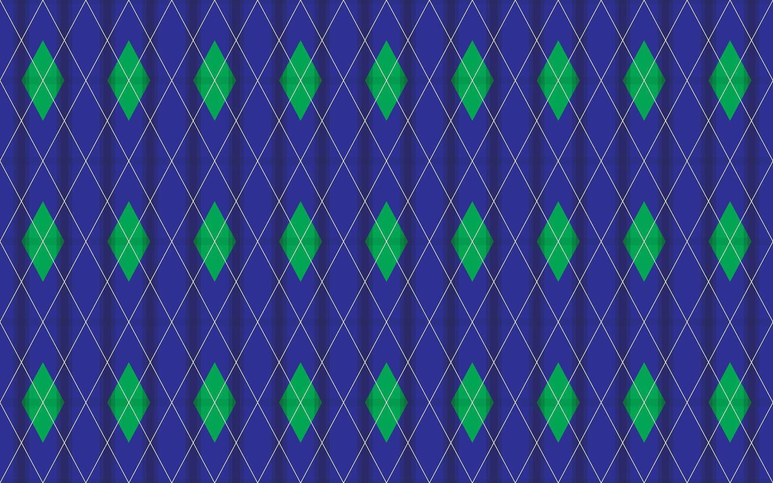Seamless plaid pattern with dark blue and green, accented with white lines stitches. intersecting stripes forming diamond shapes and squares, creating classic tartan look vector