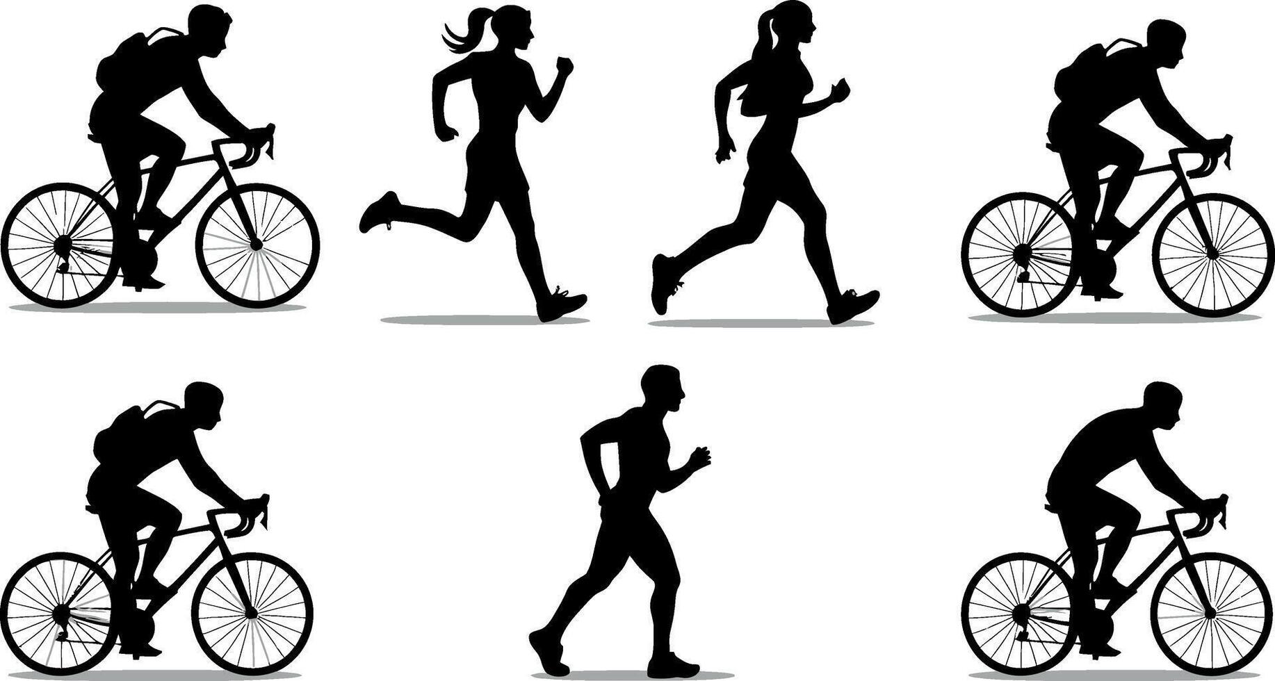 Dynamic silhouettes of cyclists and runners in motion against a minimalist white background vector