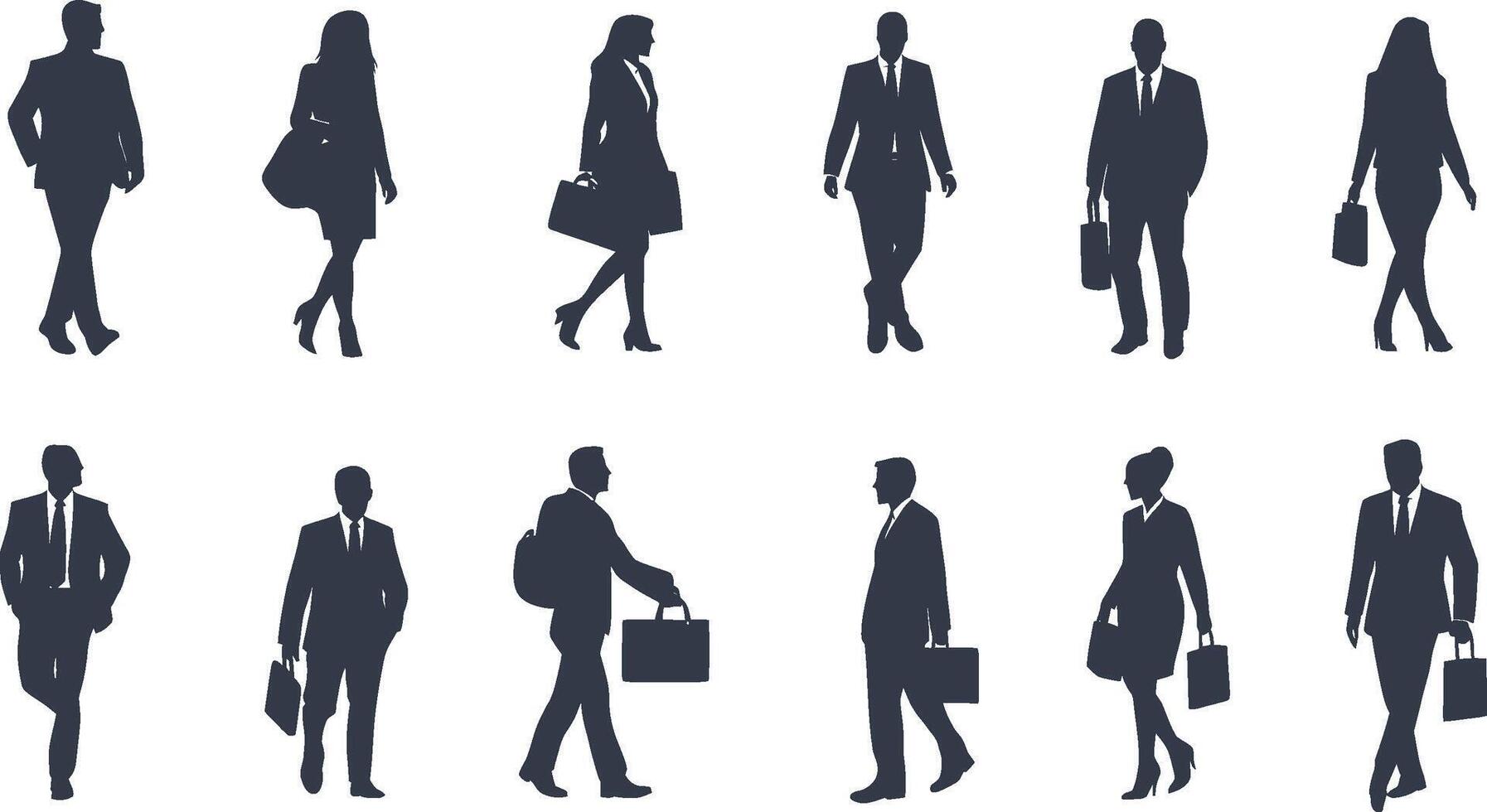 Collage of silhouettes representing diverse professionals in business attire against a clean white background vector