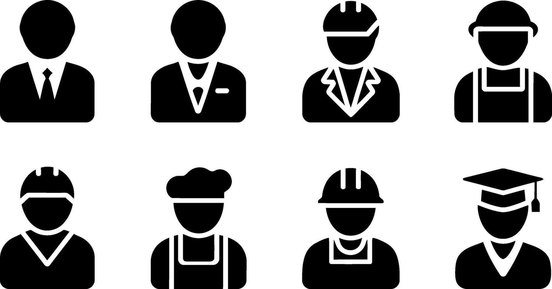 Black and white icons of diverse professions including businessperson, chef, and graduate vector