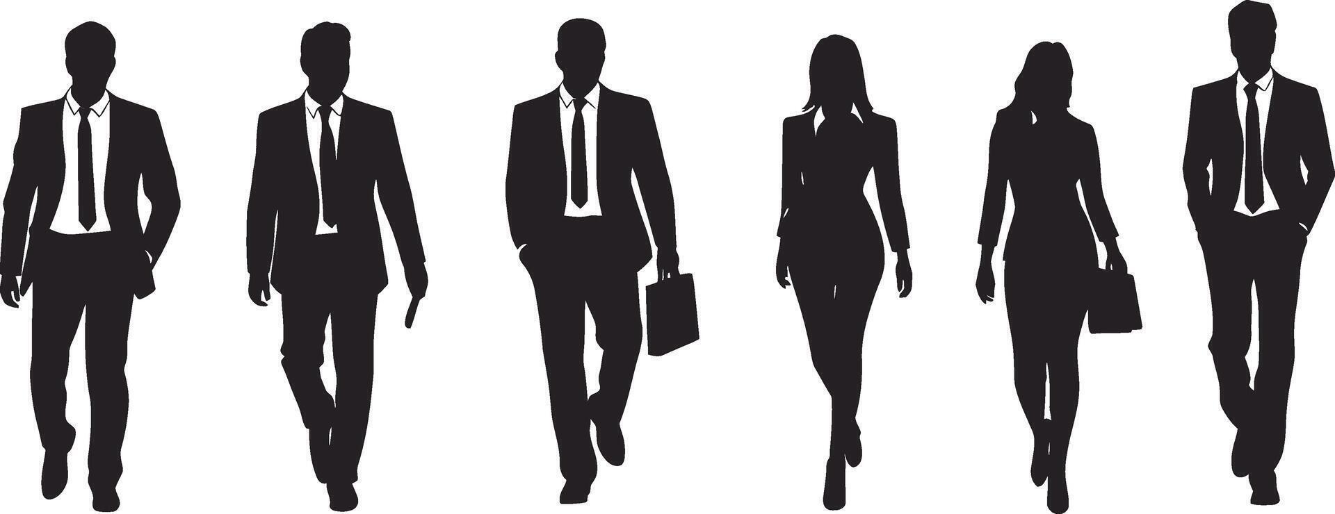 Silhouetted figures of five professionals in business attire walking confidently across a white backdrop vector