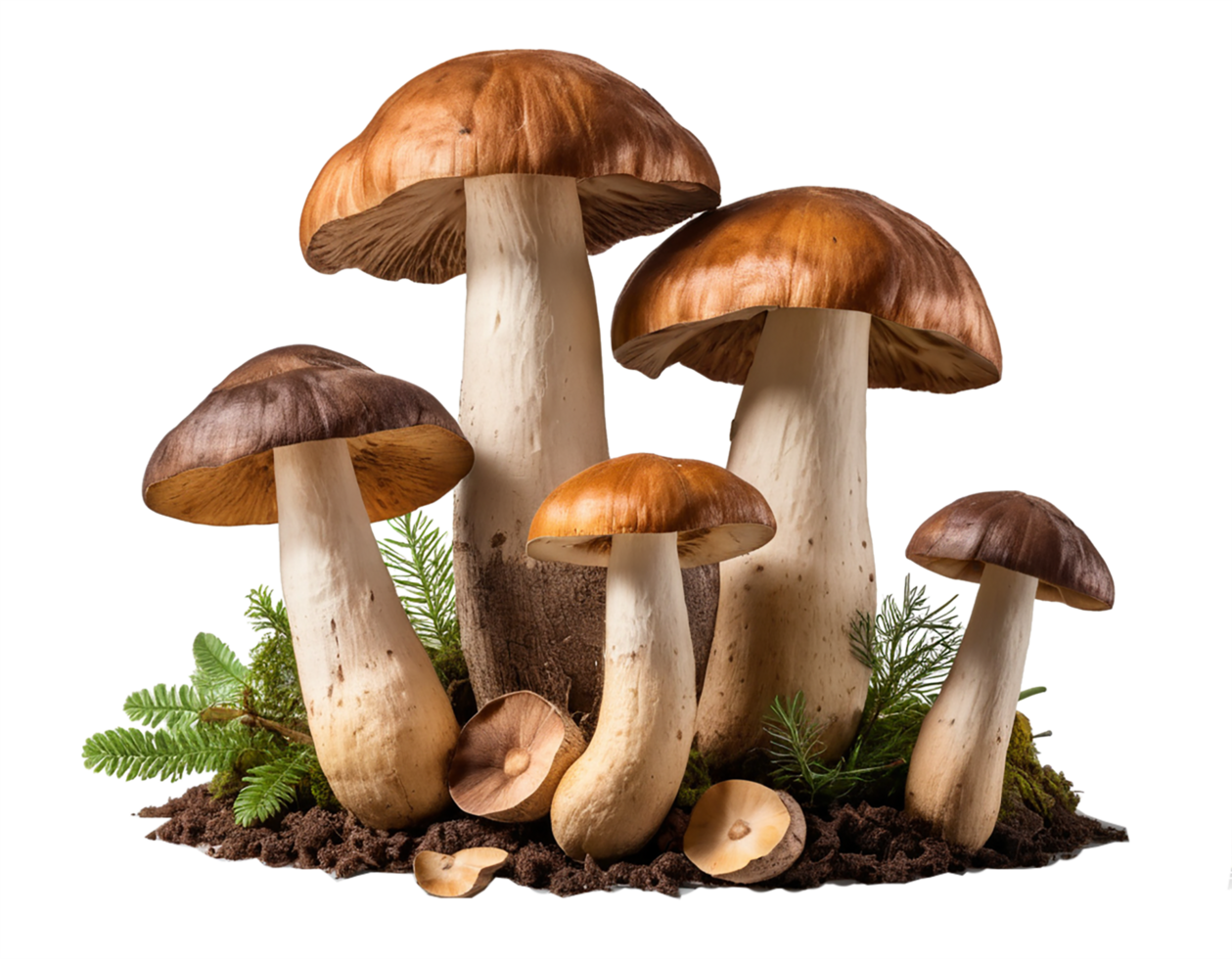 Fresh Porcini Mushroom with soil and whole varieties isolated on transparent background png