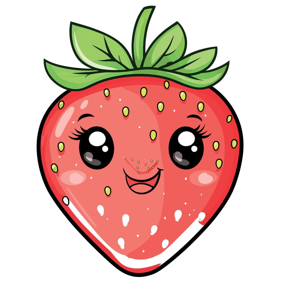 Cheerful Cartoon Strawberry Character with Glossy Eyes and Fun Green Leaves vector