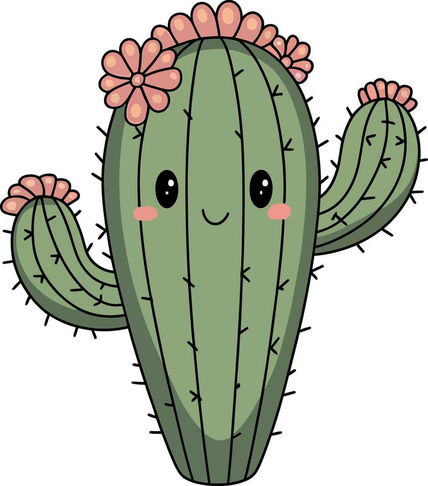 Cute Cartoon Cactus with Playful Face and Pink Flowers in a Whimsical Design vector
