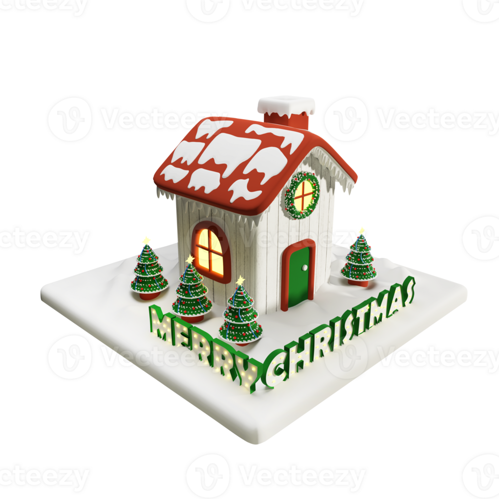 Christmas house with decorated trees and festive sign in 3d illustration, image without background png