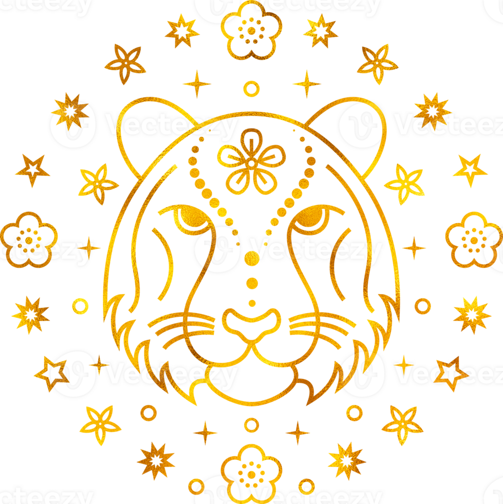 Tiger Chinese zodiac sign with golden foil effect. png