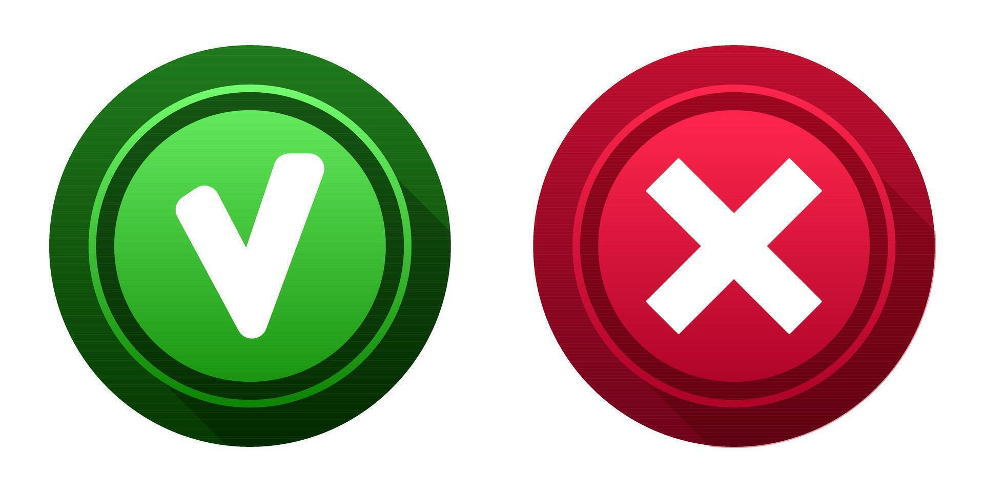 Yes and No buttons icons for confirmation and denial. Tick and cross symbols. Green and red button on white background. vector
