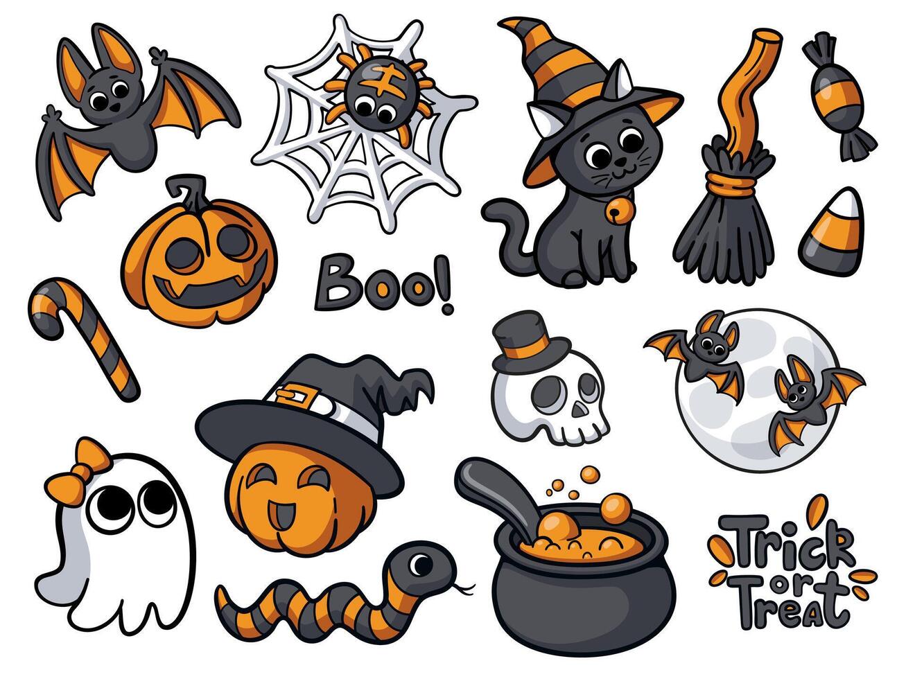 Cute Halloween stickers set in ink hand drawn doodle style. Pumpkins, ghost, bats, cauldron and other Halloween elements. White background. vector
