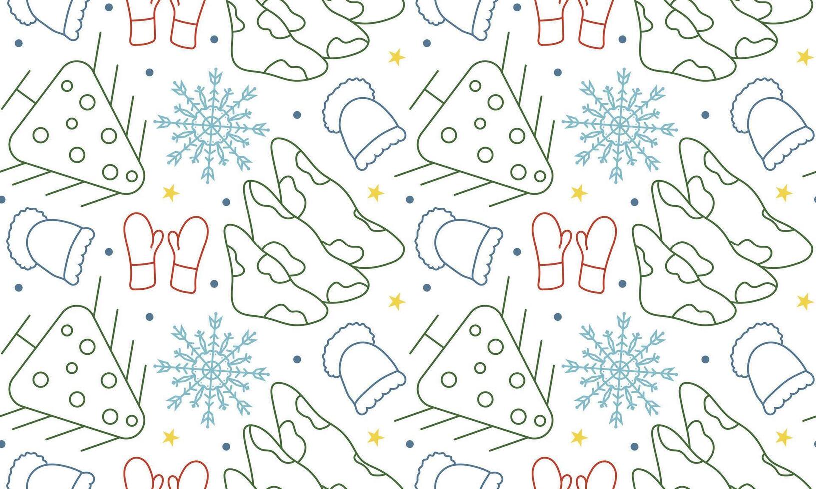 Seamless pattern with Christmas tree and snowflakes in doodle style. Geometric trees for New Year. Winter mittens and hat. vector
