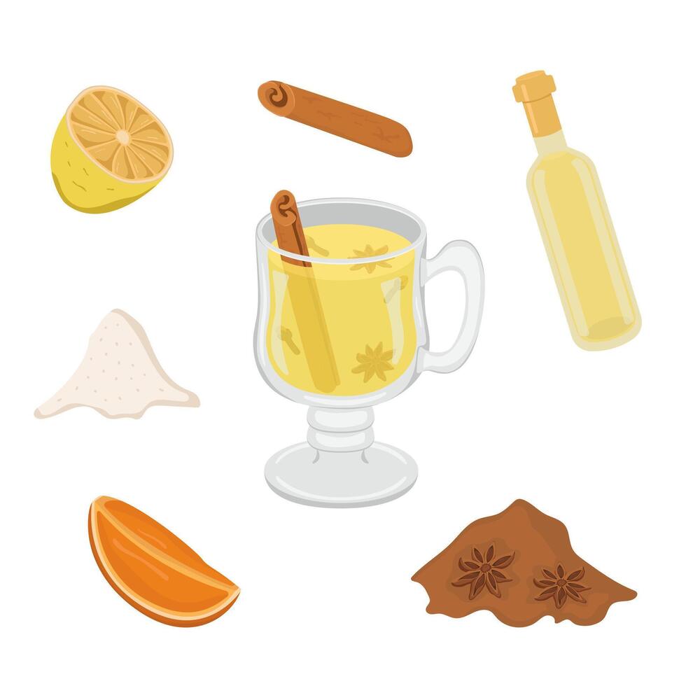 image with mulled wine from white wine and its products. Image of alcoholic cocktail from wine with anise, cinnamon and citrus. vector