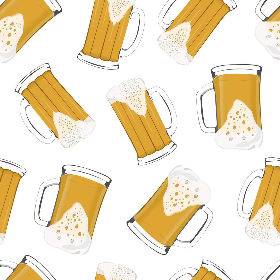 Seamless pattern of beer mugs with foam. illustration of alcoholic drink from malt and barley. Color image for packaging and paper. vector