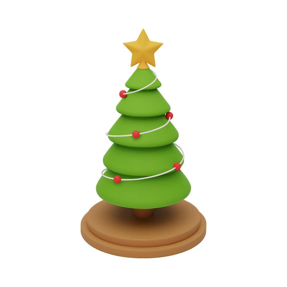 3d cute Christmas decorated pine tree on a podium. New year tree with red balls and golden star on top, isolated on white background. 3d rendered Christmas tree icon. illustration vector