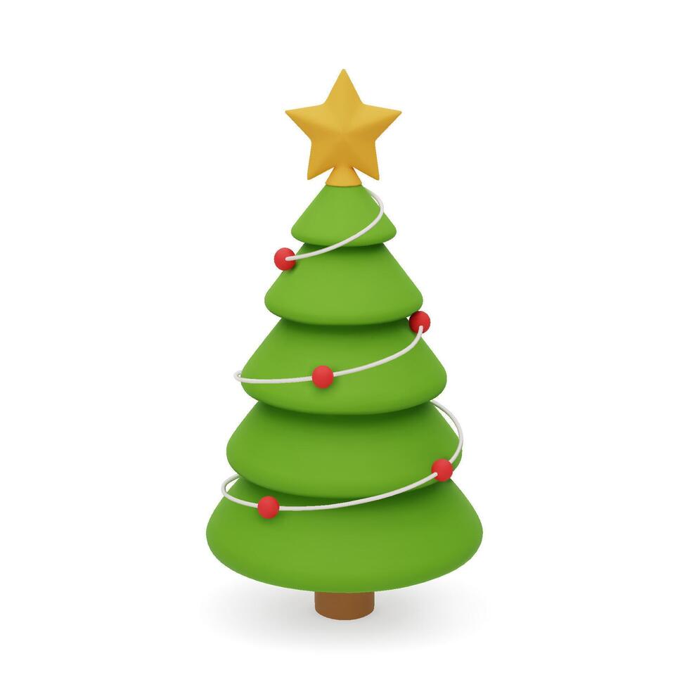 3d green Christmas tree with yellow star on top. The tree is decorated with red balls. Christmas decorative element isolated on white background. vector