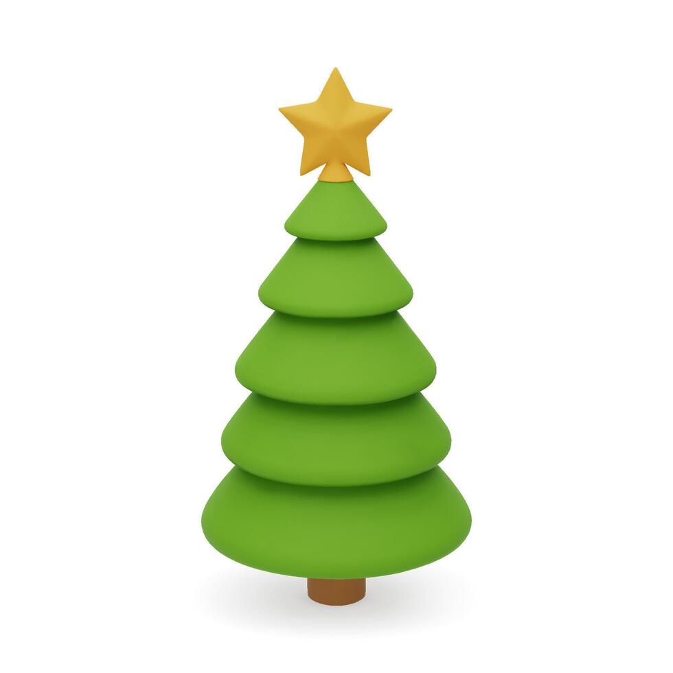3d green Christmas tree with yellow star on top. Simple New year design element isolated on white background. vector