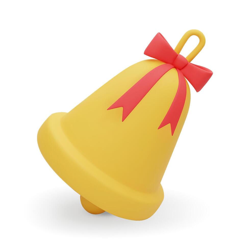 3d yellow bell with red ribbon. 3D rendered bell icon. Christmas decorative element isolated on white background. illustration. vector