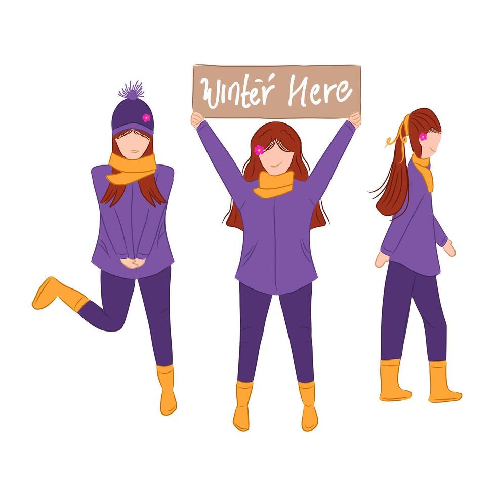 Full body of girls in warm clothes and cozy scarf standing with different pose. Winter here text on board. vector