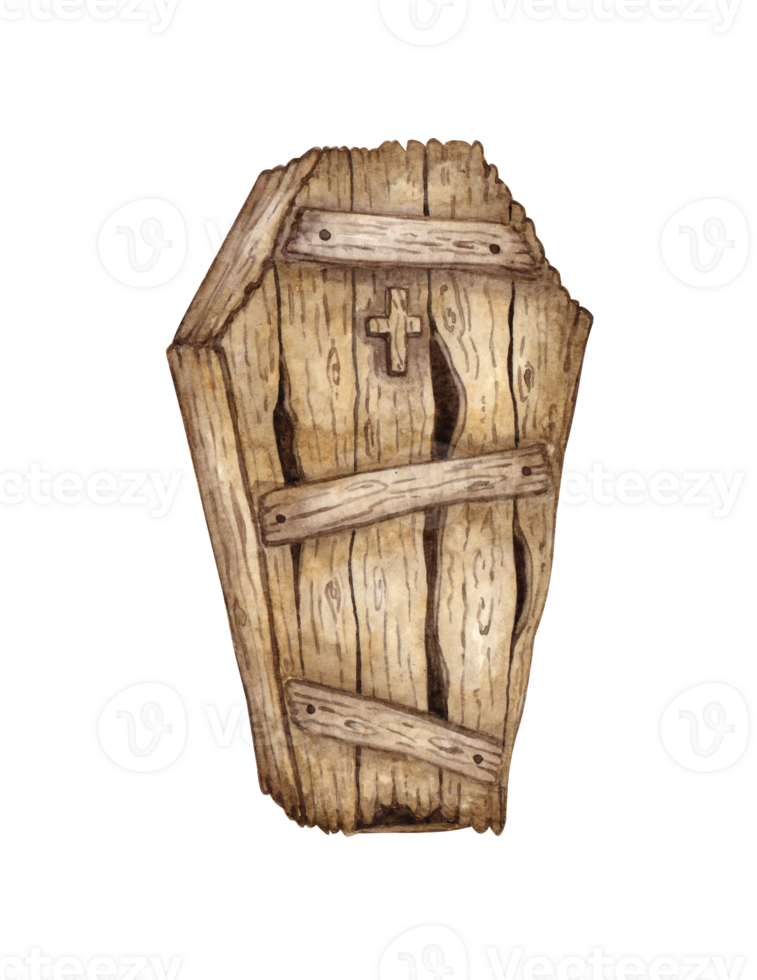 Old wooden coffin for Halloween. Dead Man Box isolated from background. Attribute for ritual burial. Concept design for poster, card, banner, wallpaper, wrapping paper, png