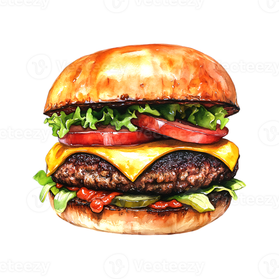 Vibrant watercolor burger illustration capturing layers and fresh ingredients in an isolated view png