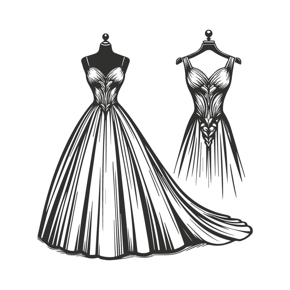 Vintage wedding dress with other accessories. vector