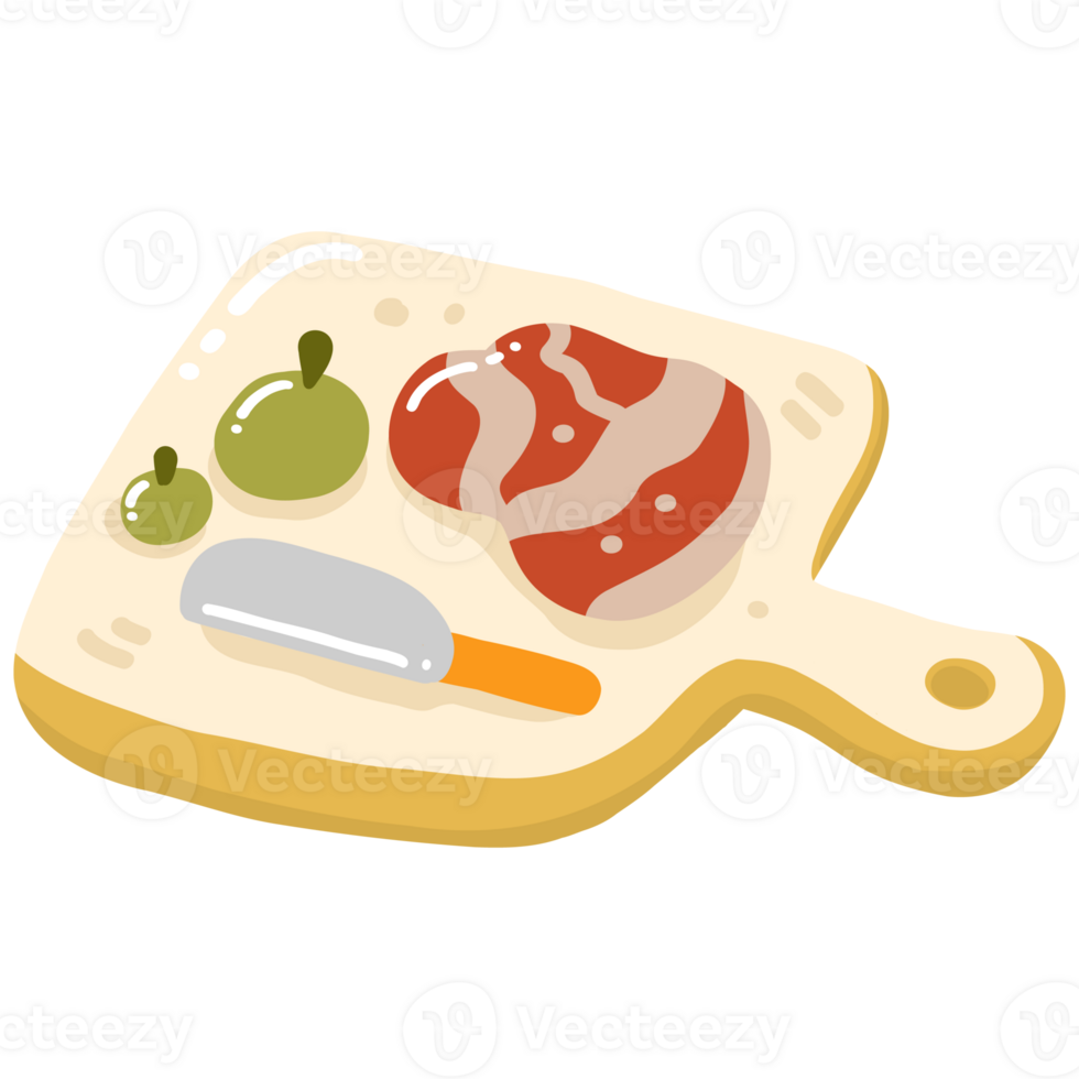 Knife, pork and tomato on cutting board illustration png