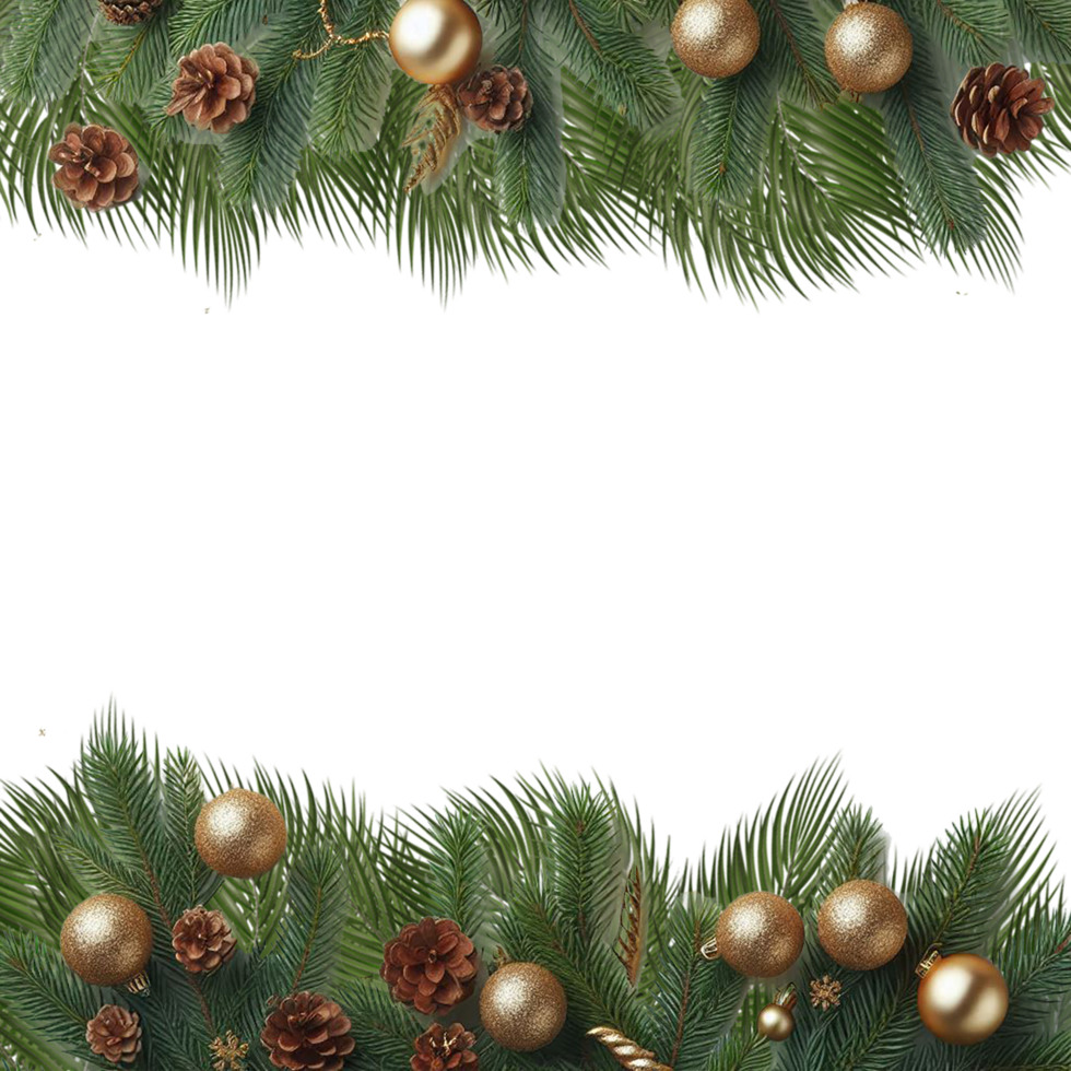 Christmas top and bottom border frame with ball pine branches green leaves png