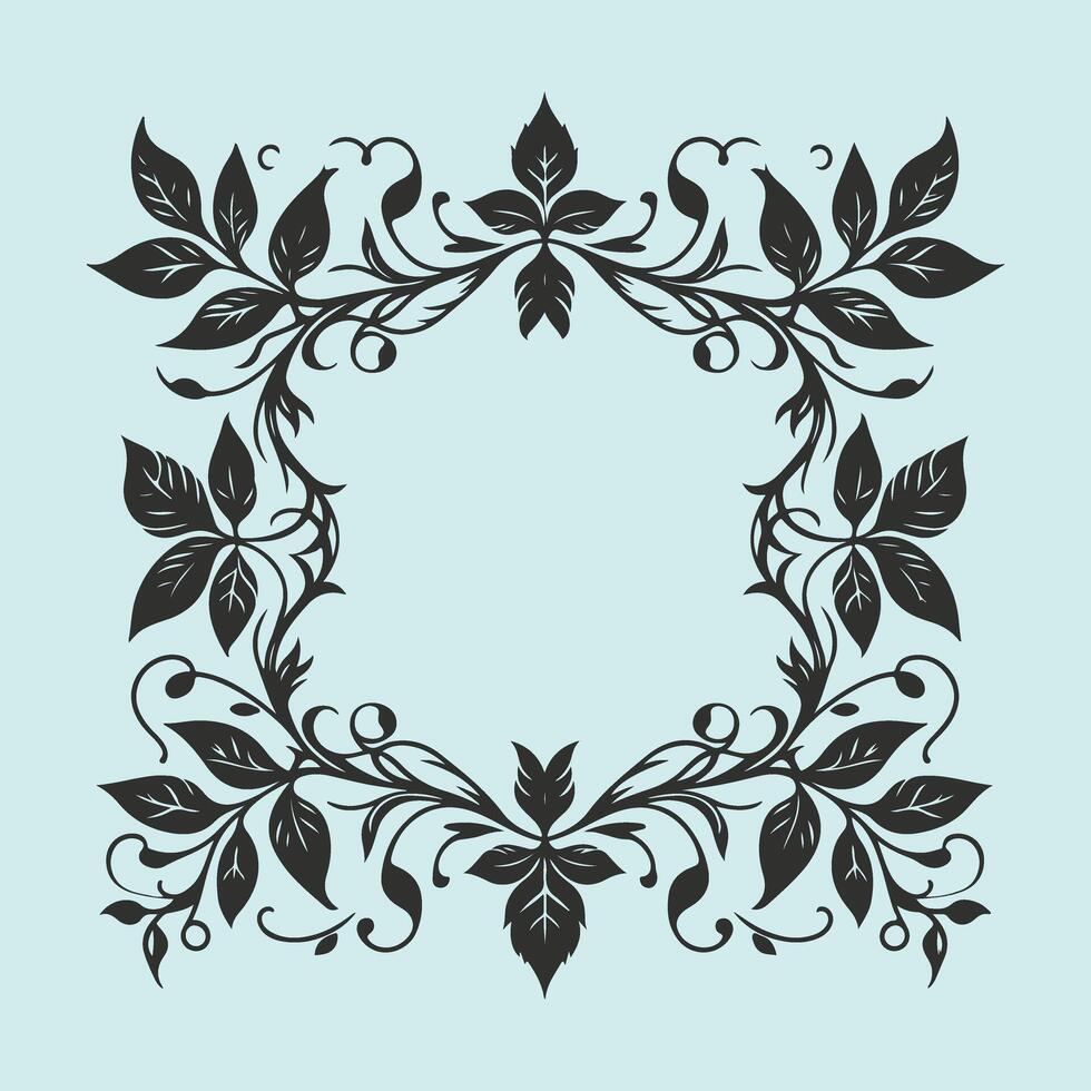 A square frame with black leaves on a blue background vector