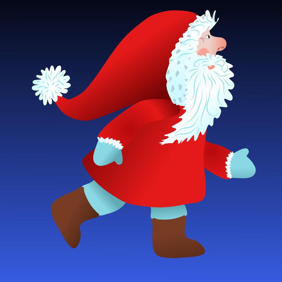 Santa Claus is skating in a red down jacket with snowflakes. New Year and Christmas pictures backgrounds stickers for cards and decorations. illustration blue background vector