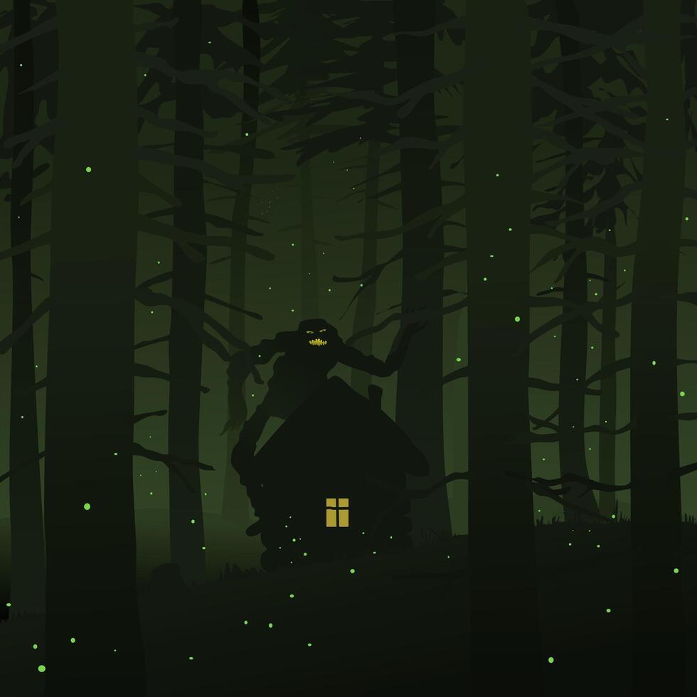 A huge shaggy monster lurked in the woods near a house with a fire in the window. illustration scary pictures with monsters in the forest. The monster above the house sneaks up on the people in vector