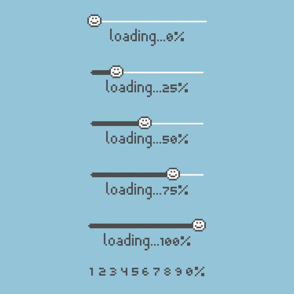 collection set of retro game 8bit pixel art loading process progress counter bar computer battery, banner vector