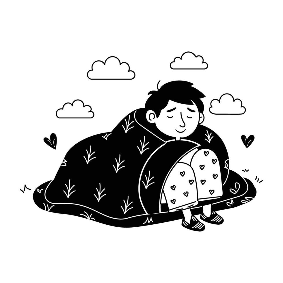 A person cover himself in a sleeping blanket, hand drawn illustration vector
