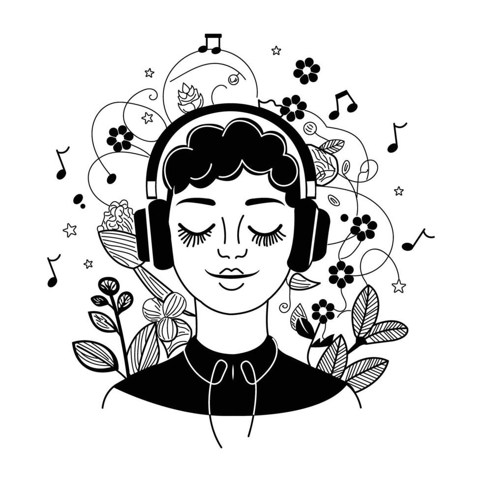 A hand drawn illustration of a person listening calm music vector