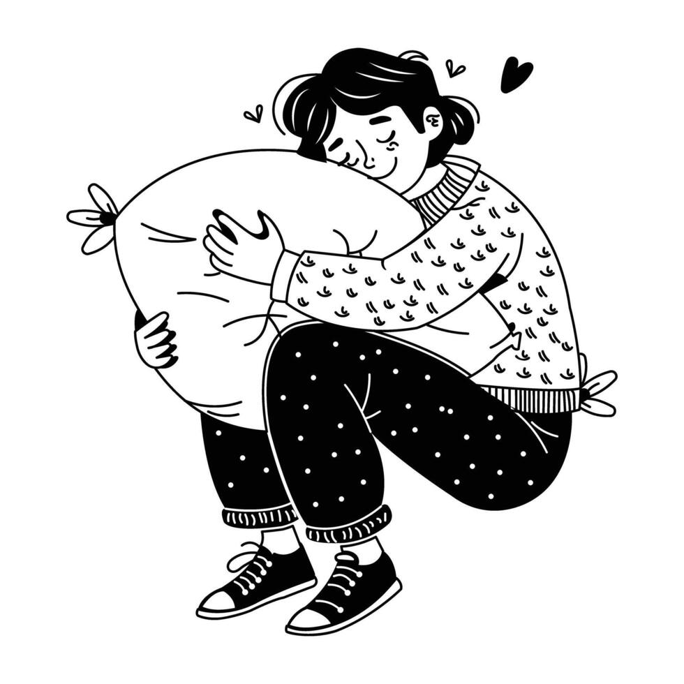 Hand drawn illustration of a person sleep with pillow hug vector